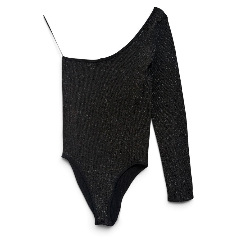 Zara Womens Black Shimmer Metallic One edgy Shoulder Ribbed Bodysuit XS NWOT
